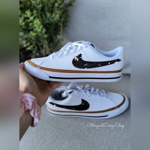Bling Nike Court Legacy White Sneakers made with Black Crystals Custom Womens